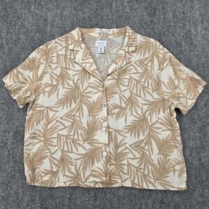 Nicole Miller Shirt Womens Medium Beige Brown Flax Linen Palm Leaf Button Up Top